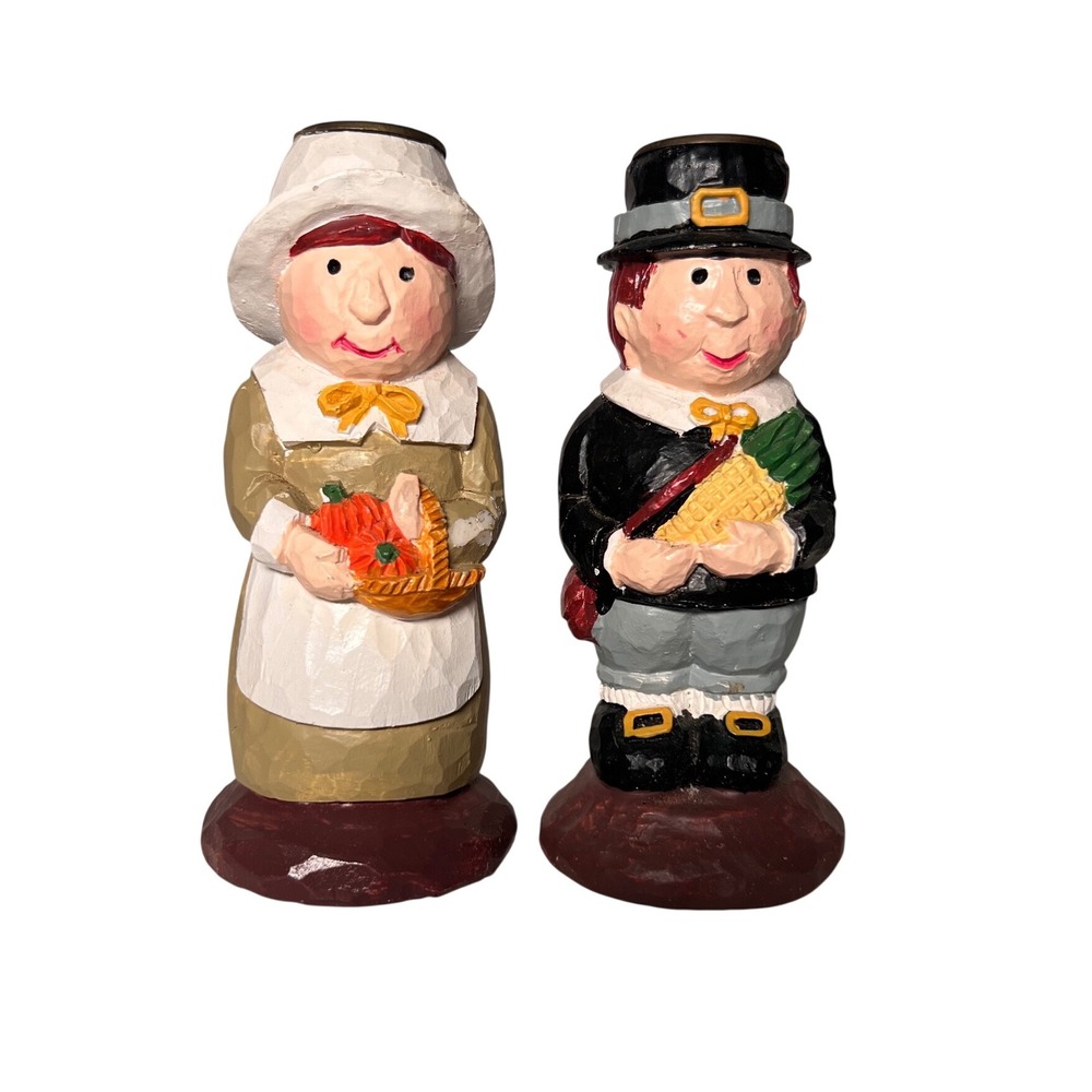 Vintage Teleflora Thanksgiving Pilgrim Figurines Candle Holder Set Resin 2pc - Picture 1 of 12